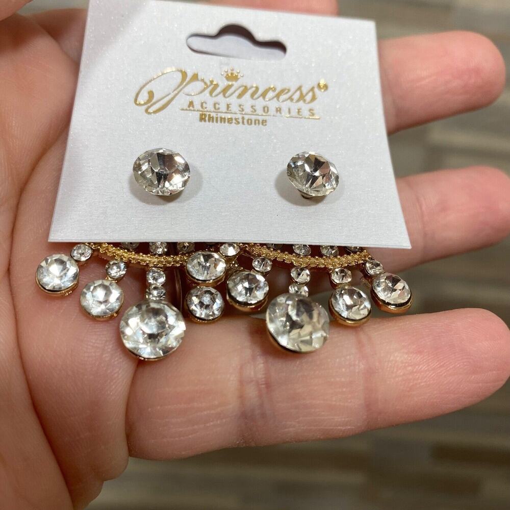 Princess Accessories Rhinestone Under Lobe Cuff Stud Gold Tone Earrings - Picture 7 of 8